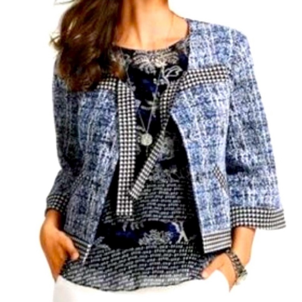 CAbi Blue and Black Blazer with Gingham Cuffs and matching blouse